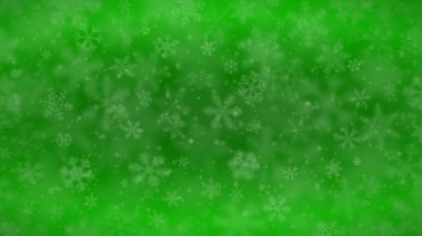 Farklı şekillerde kar tanelerinin Noel arkaplanı, boyutlar, bulanıklık ve şeffaflık yeşil renklerde