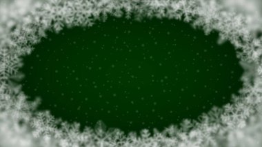 Farklı şekillerde kar tanelerinin Noel arkaplanı, bulanıklık ve şeffaflık, yeşil arka planda bir elips şeklinde düzenlenmiştir.