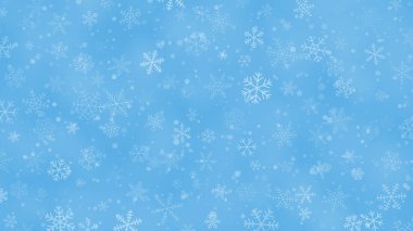 Farklı şekillerdeki kar tanelerinin Noel arkaplanı, boyutları ve şeffaflığı açık mavi renklerde.