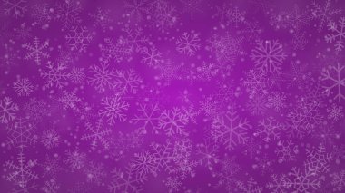Farklı şekillerde kar tanelerinin Noel arkaplanı, boyutlar ve şeffaflık mor renklerde.