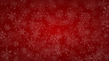 Farklı şekillerde kar tanelerinin Noel arkaplanı, boyutları ve şeffaflığı kırmızı renklerde.