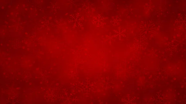 Farklı şekillerde kar tanelerinin Noel arkaplanı, boyutları ve şeffaflığı kırmızı renklerde.
