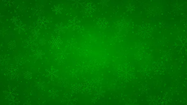 Farklı şekillerde kar tanelerinin Noel arkaplanı, boyutları ve saydamlığı yeşil renklerde.