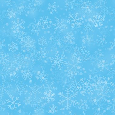 Farklı şekillerde, boyutlarda ve şeffaflıkta, açık mavi arkaplanda, kusursuz kar taneleri deseni.