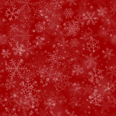 Kırmızı arka planda farklı şekillerde, boyutlarda ve şeffaflıkta kusursuz kar taneleri var.