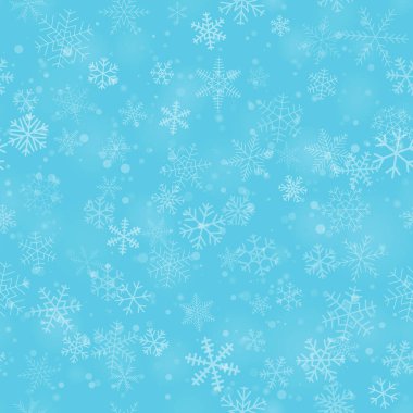 Farklı şekillerde, boyutlarda ve şeffaflıkta, açık mavi arkaplanda, kusursuz kar taneleri deseni.