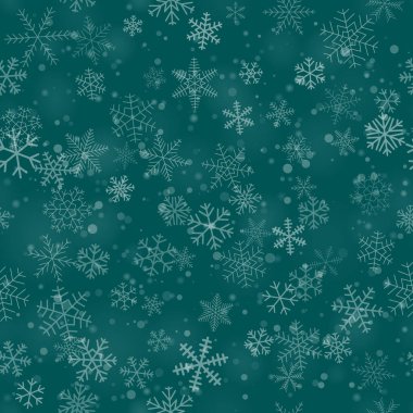 Turkuaz arka planda farklı şekillerde, boyutlarda ve şeffaflıkta kusursuz kar taneleri deseni