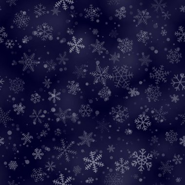 Farklı şekillerde, boyutlarda ve şeffaflıkta, koyu mavi arka planda, kusursuz kar taneleri.