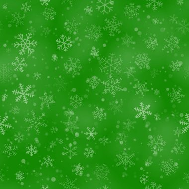 Yeşil arka planda, farklı şekillerde, boyutlarda ve şeffaflıkta, kusursuz kar taneleri.