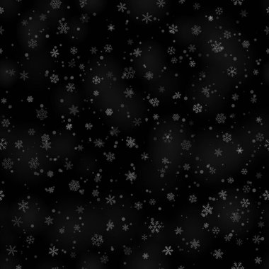 Farklı şekillerde, boyutlarda ve şeffaflıkta, siyah arkaplanda, kusursuz kar taneleri deseni