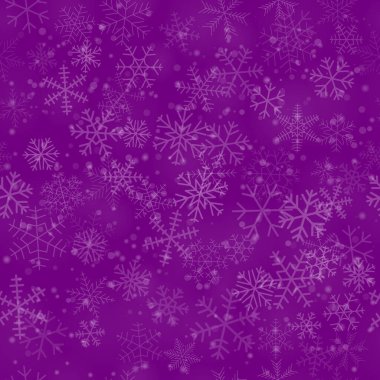 Mor arka planda farklı şekillerde, boyutlarda ve şeffaflıkta kusursuz kar taneleri deseni var.