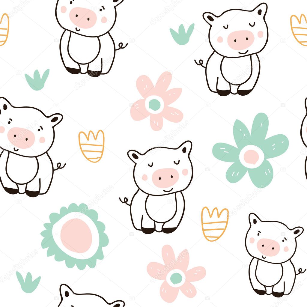 Cute pigs characters colorful seamless pattern