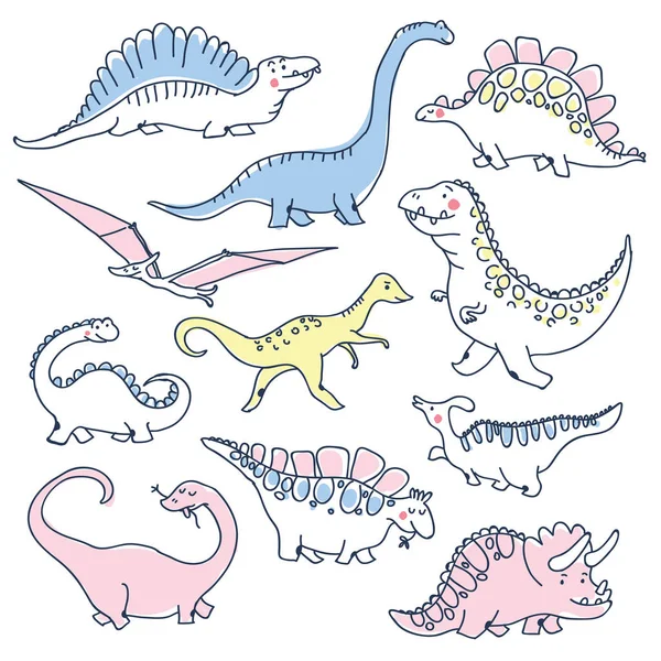 Cute dinosaurs doodles set — Stock Vector