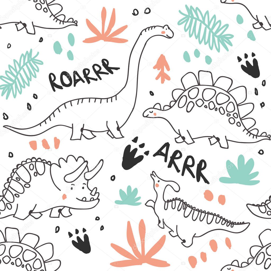 Cute dinosaurs and tropic plants seamless pattern