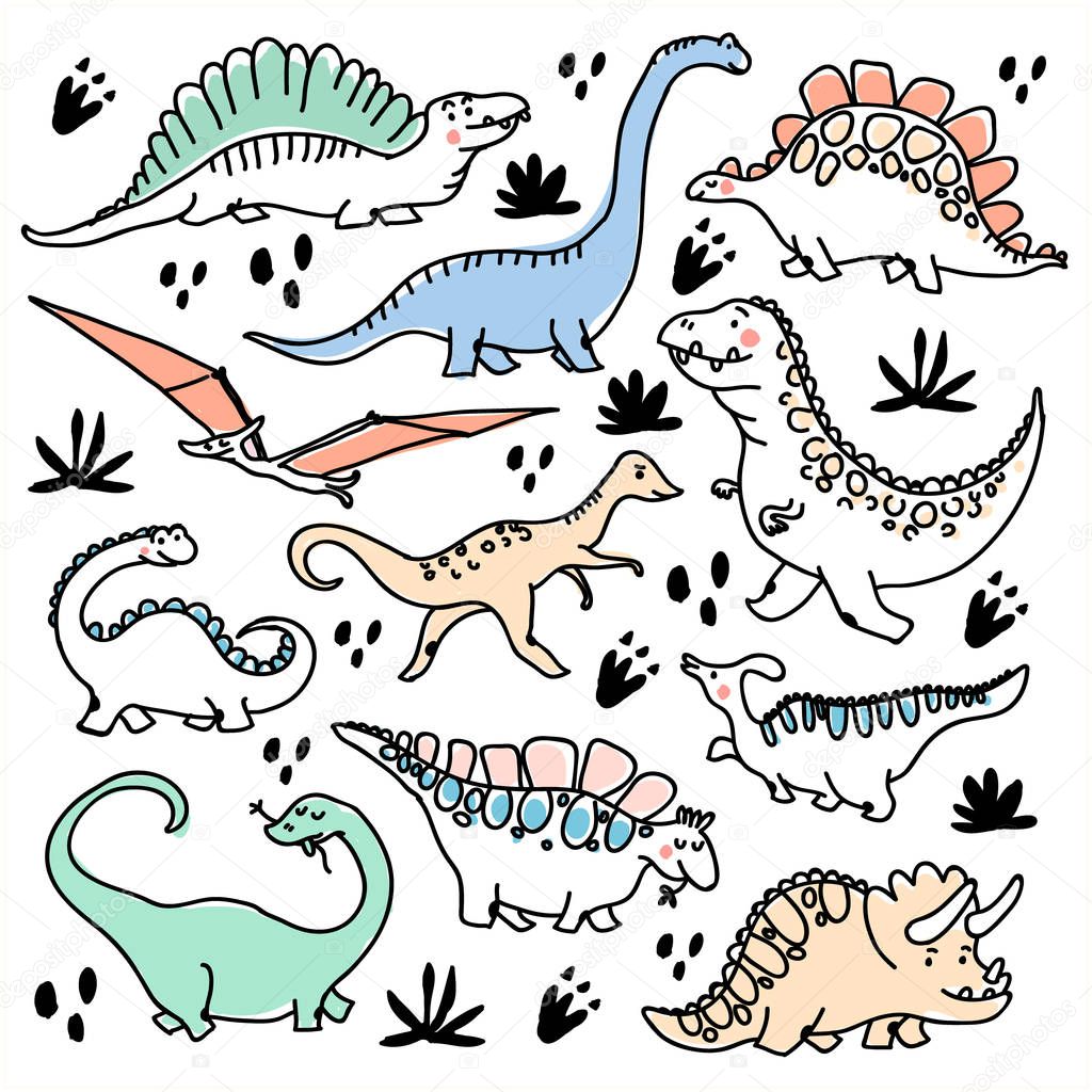 Cute dinosaurs and tropic plants