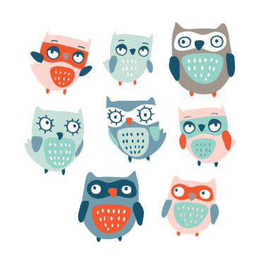 Sevimli çizgi vektör baykuşlar toplama