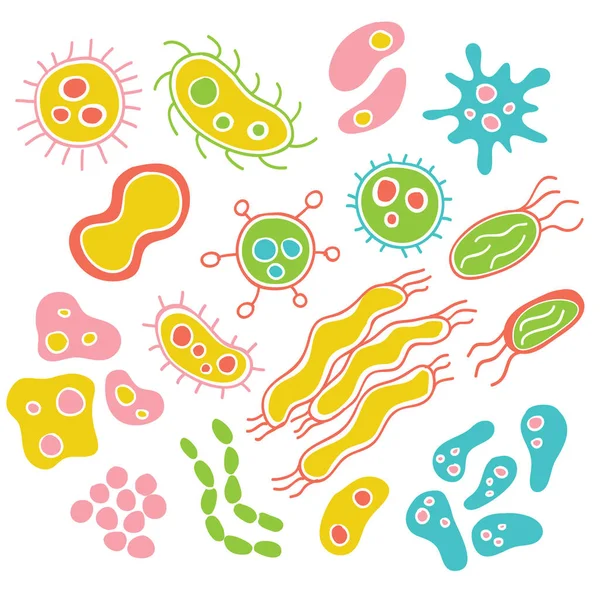 Cute Hand Drawn Bacteria And Virus Theme Doodles — Stock Vector