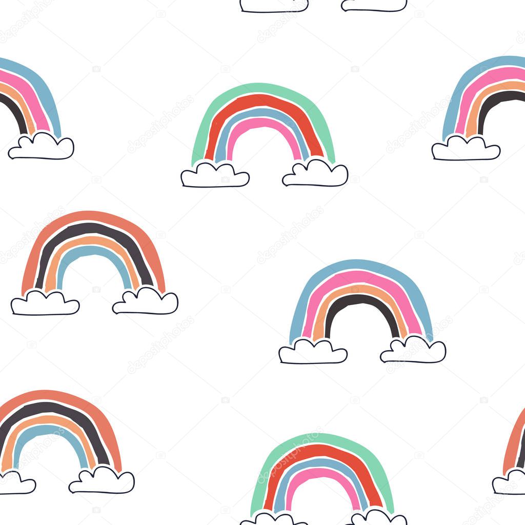 Kids hand drawn seamless pattern with rainbows