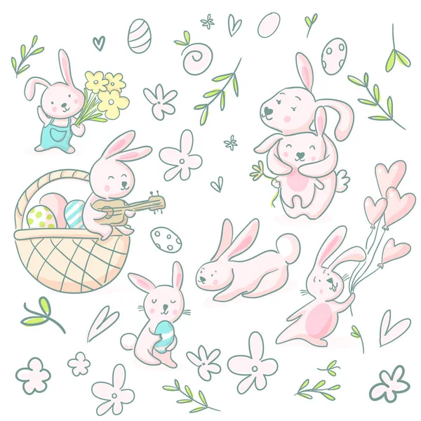 Cute girly hand drawn cute bunnies and flowers. — Stock Vector