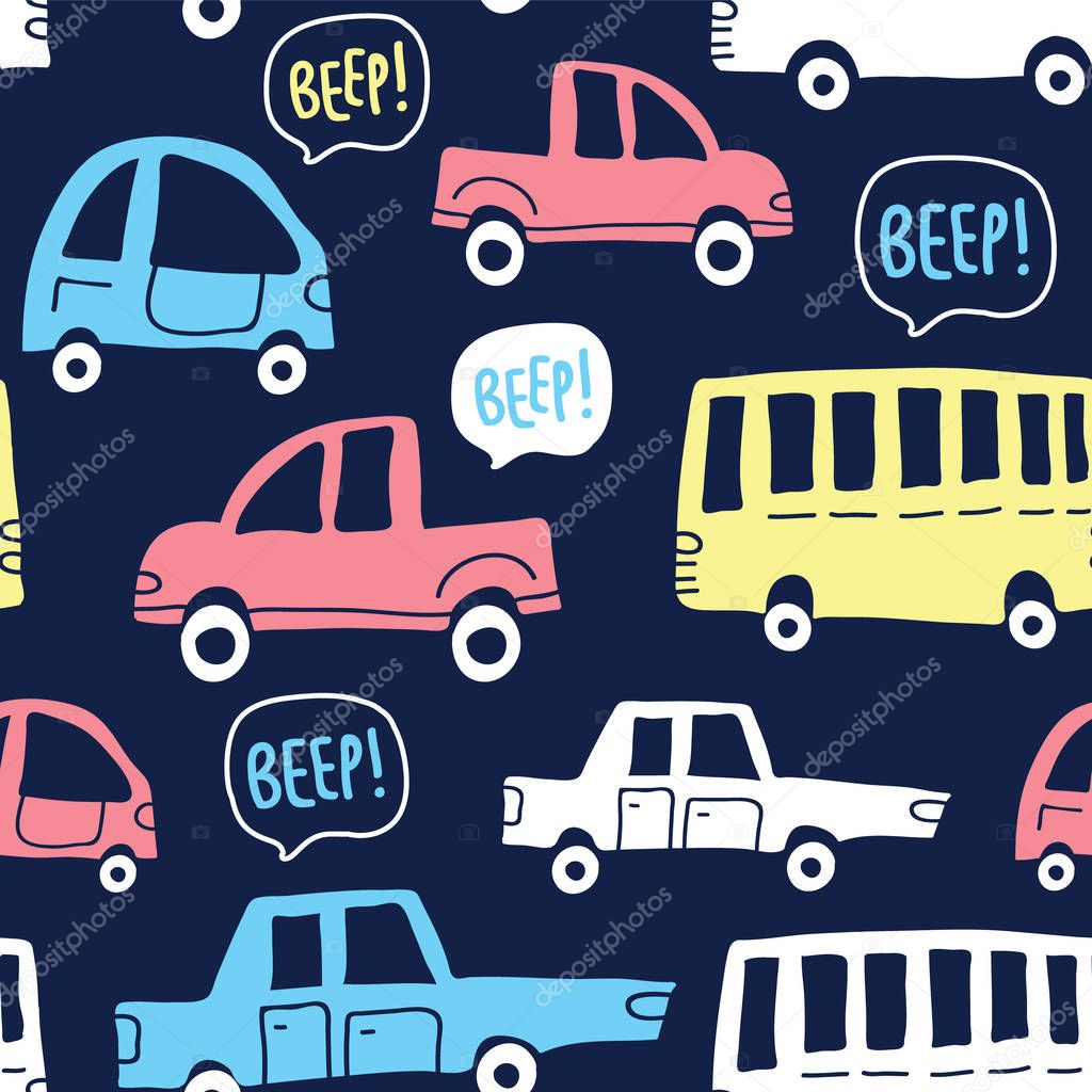 Seamless pattern with cute cars on dark background
