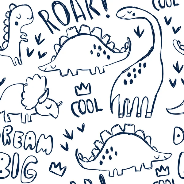 Schattig dinosaurussen en belettering naadloze patroon — Stockvector