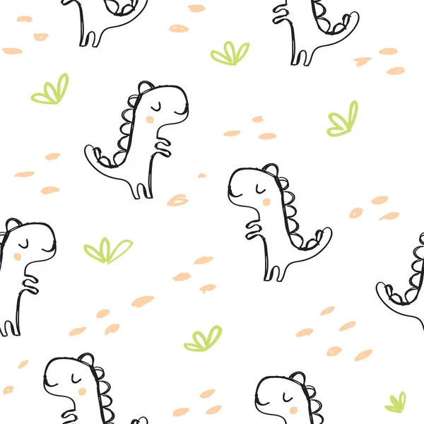Niedlichen Dinosaurier und Doodles nahtlose Muster — Stockvektor