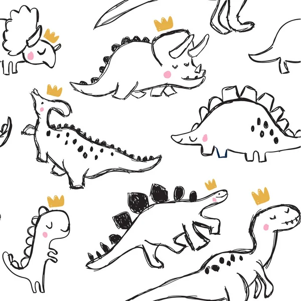 Söt dinosaurie och doodles sömlösa mönster — Stock vektor