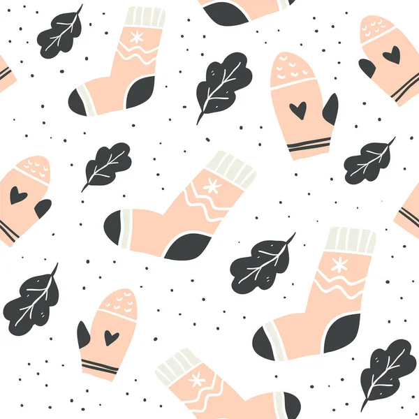 Nahtloses Muster mit niedlichen Socken, Fäustlingen, Blättern — Stockvektor