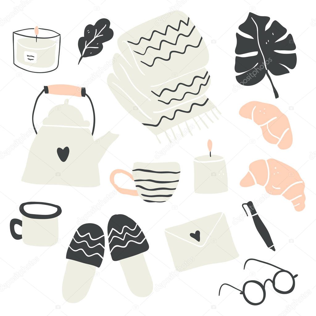 Illustration of autumn and winter hygge elements