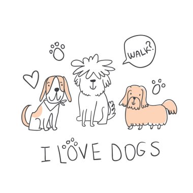 Şirin handdrawn kümesi izole illüstrasyonlar köpekler