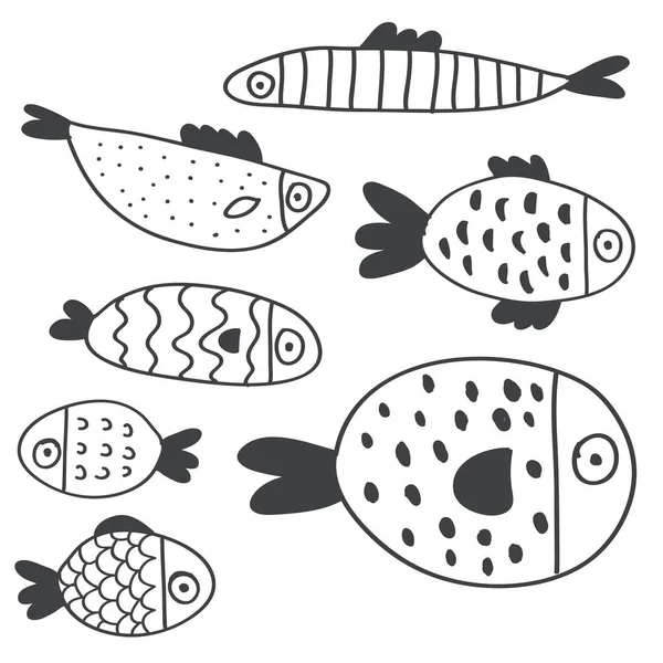 Ikan yang digambar dengan tangan manis diisolasi pada warna putih - Stok Vektor