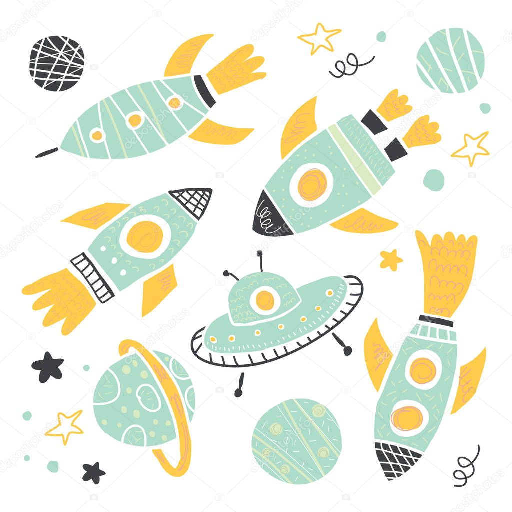 Rocket Vector Illustration - Vector. scandinavian style handdrawn space illustration. Set of space rockets and ufo. Perfect for stationery, fabric, poster