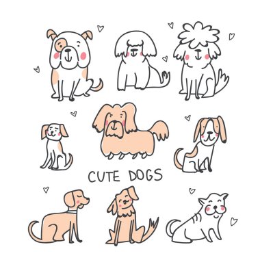 Şirin handdrawn kümesi izole illüstrasyonlar köpekler