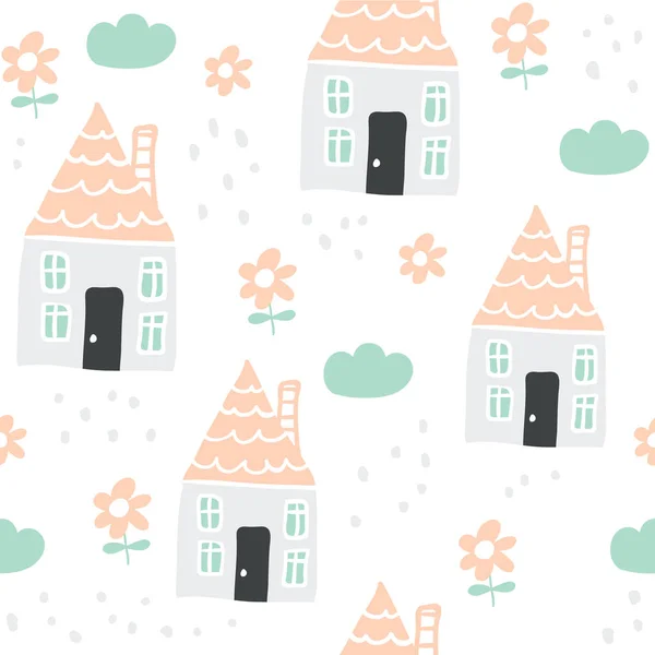 手绘向量斯堪的纳维亚图无缝图与房子 花和云彩 北欧自然景观概念 完美的儿童面料 纺织品 苗圃壁纸 — 图库矢量图片