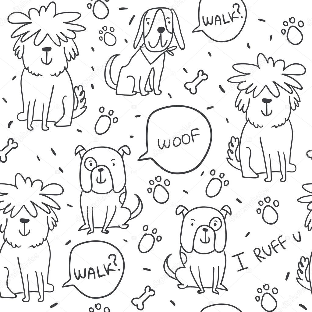 handdrawn seamless pattern with doodle dogs