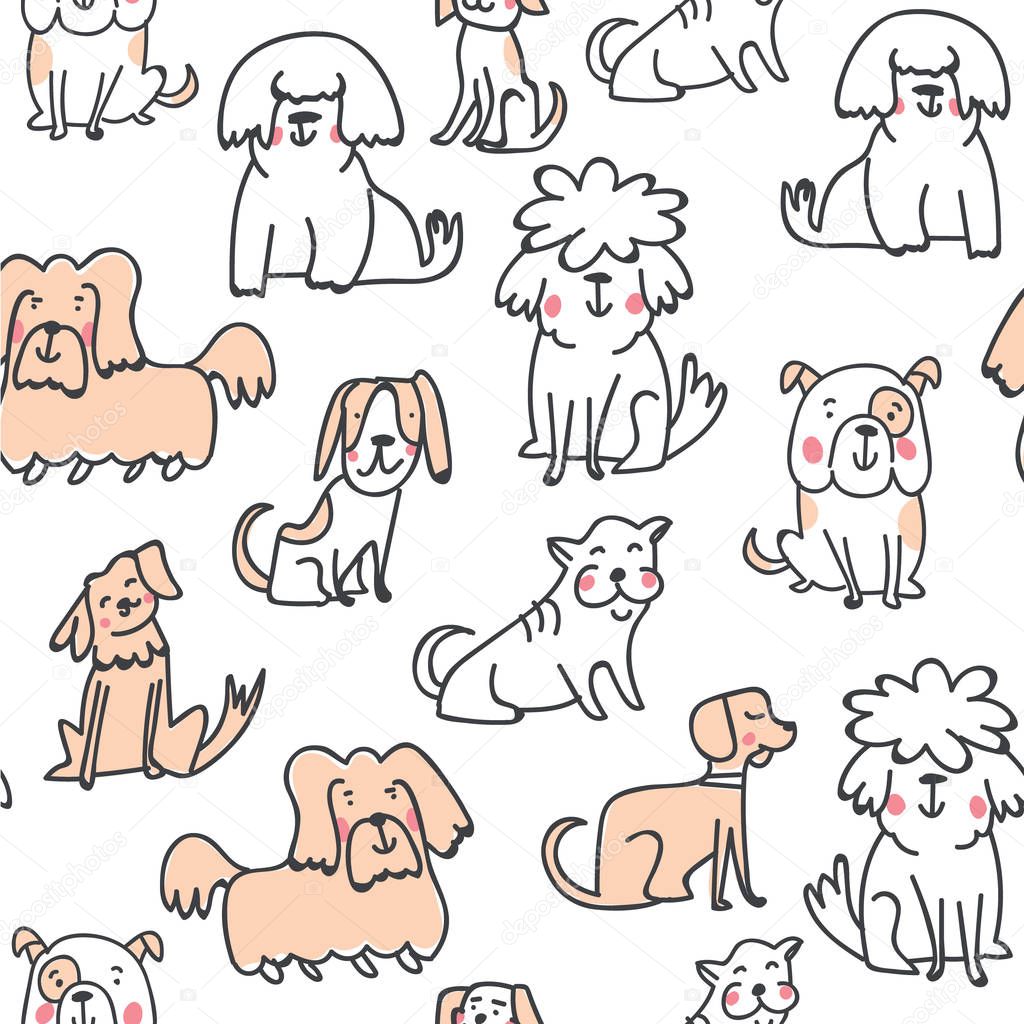 Cute handdrawn vector seamless pattern with cute colorful doodle dogs, paws and woof. Black and white pattern for kids textile, fabric, textures, wrapping paper. Scandinavian design for kids apparel