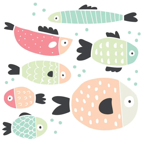 Conjunto de peixes desenhados à mão bonito isolado em branco — Vetor de Stock