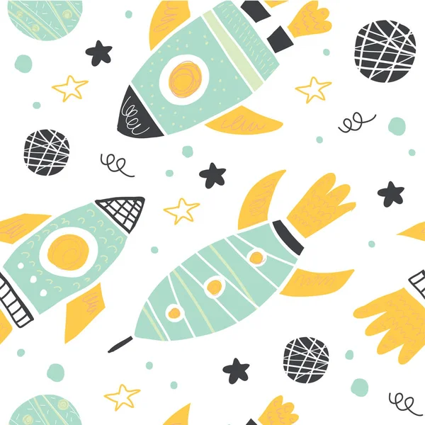 Χωρίς ραφή πρότυπο με doodle ρουκέτες και πλανήτες — Διανυσματικό Αρχείο