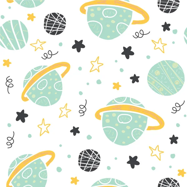 Seamless pattern with doodle planets and stars — Stock Vector