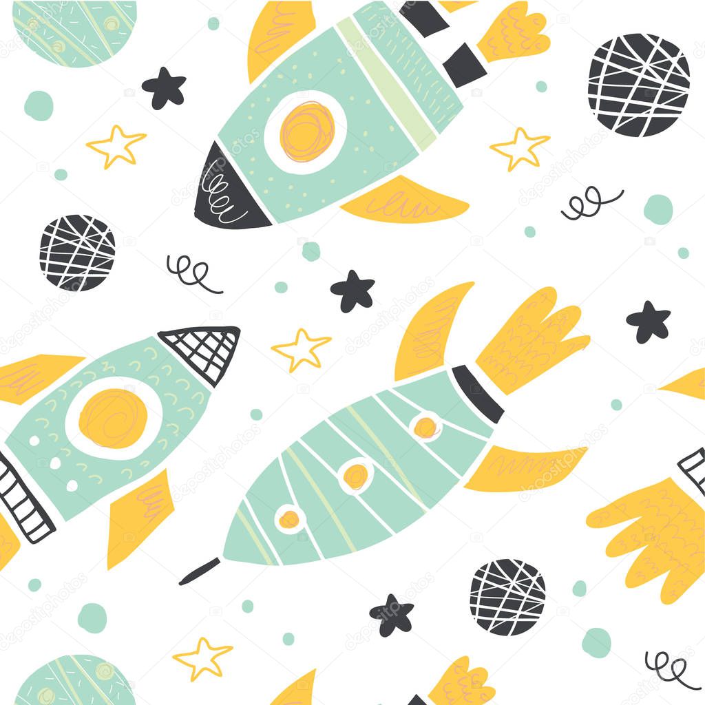 Seamless pattern with doodle rockets and planets