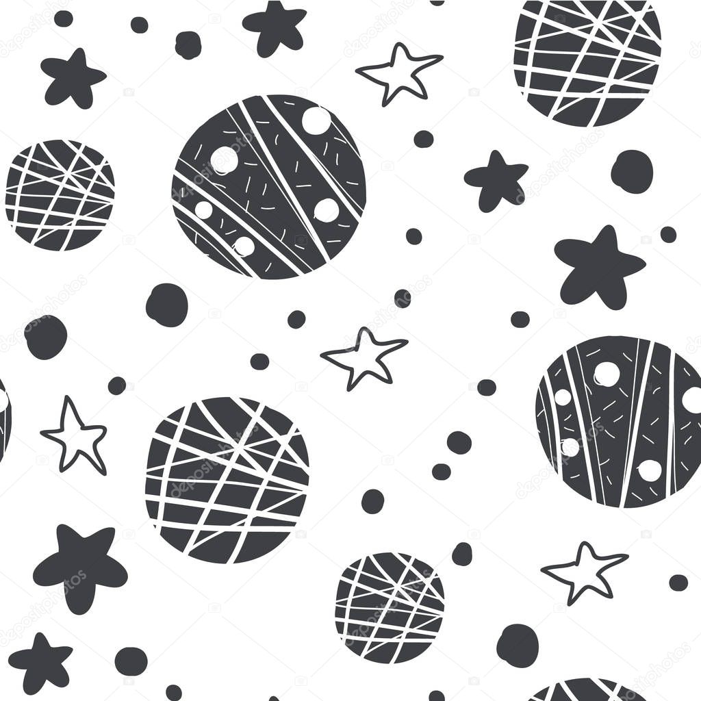 Black seamless pattern with doodle planets, stars