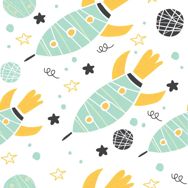 Seamless pattern with doodle rockets and planets — Stock Vector