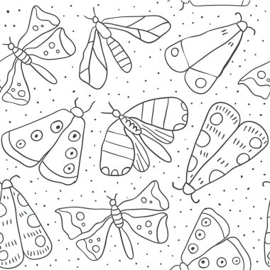 Dekoratif kelebek ve pervane ile Seamless modeli. Renkli elle çizilmiş doodle vektör arka plan. İskandinav tarzı resimde. Modern ve özgün Tekstil için ambalaj kağıdı - vektör