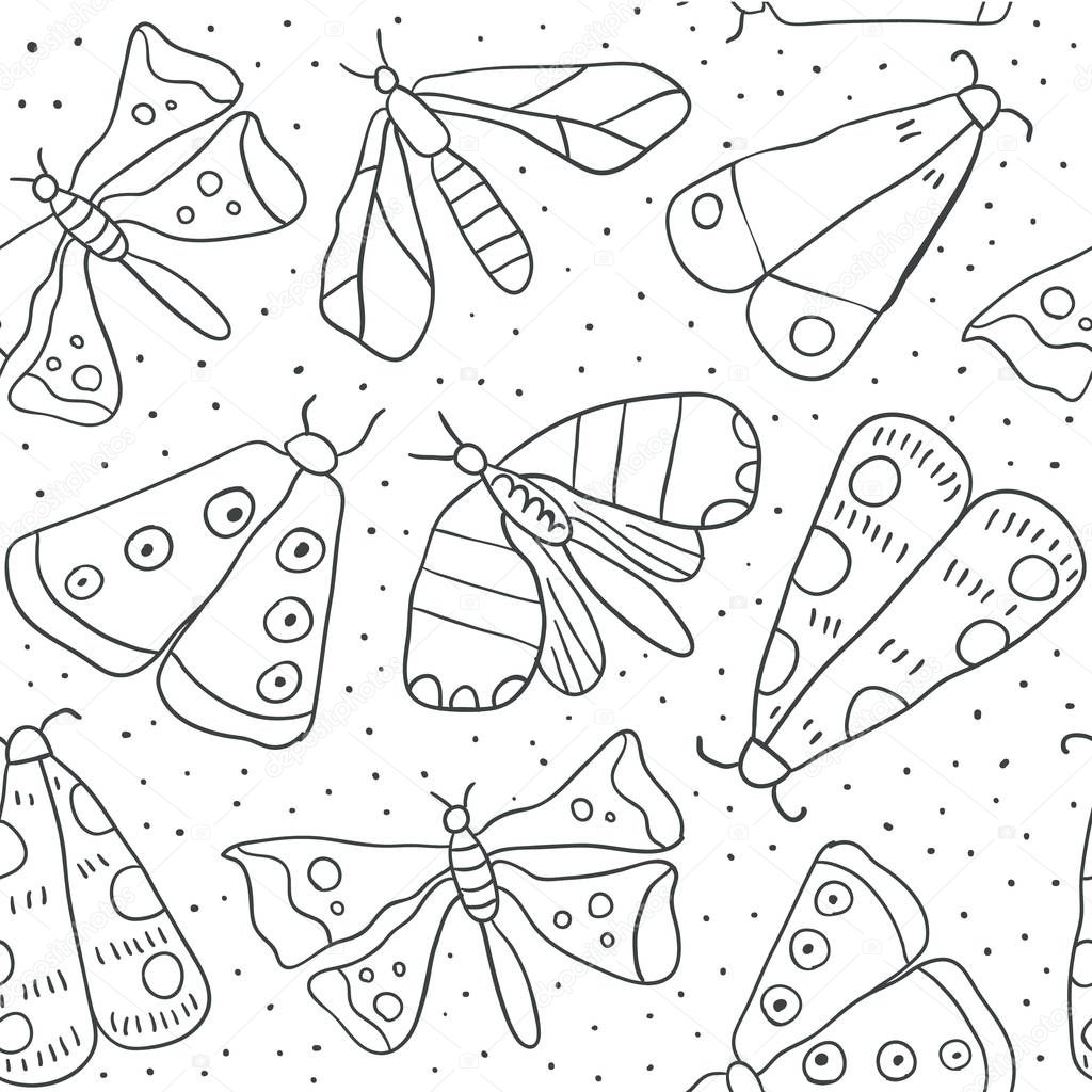 Seamless pattern with decorative butterflies and moths. Colorful hand drawn doodle vector background. Scandinavian style illustration. For modern and original textile, wrapping paper - Vector
