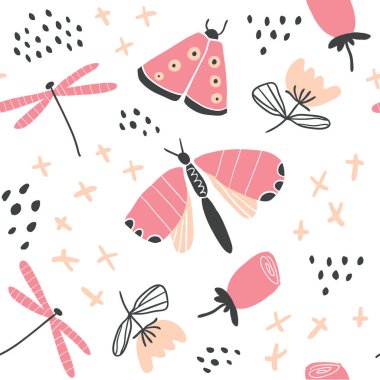 Hand drawn vector floral pattern with butterflies