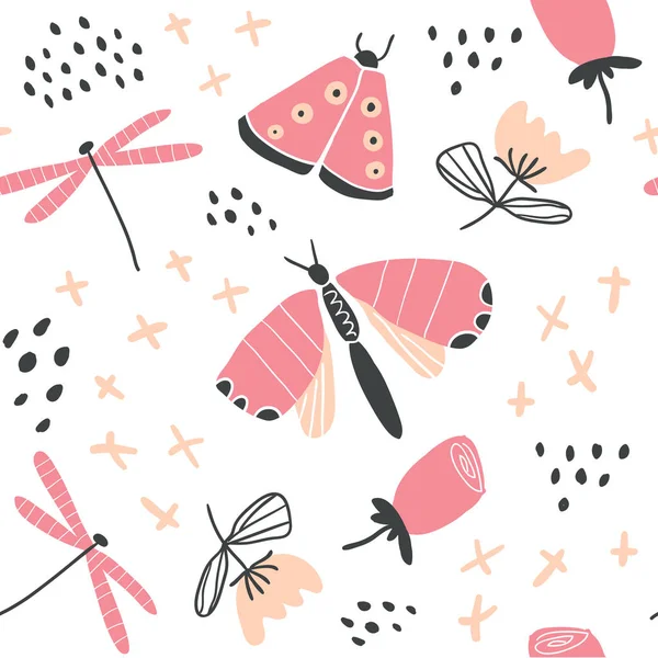 Hand drawn vector floral pattern with butterflies
