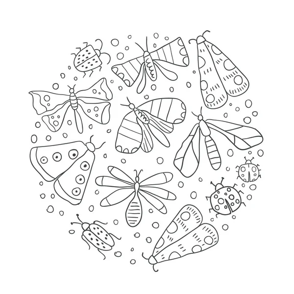 Décrivez l'illustration du cercle avec des bugs. art doodle — Image vectorielle