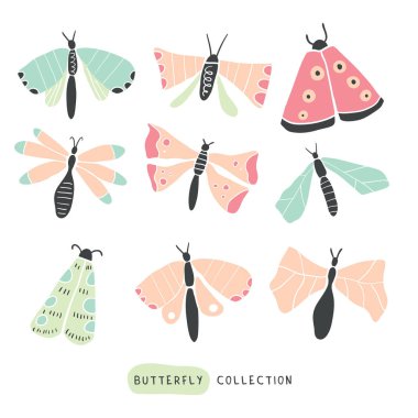 Büyük renkli elle çizilmiş doodle set - kelebekler