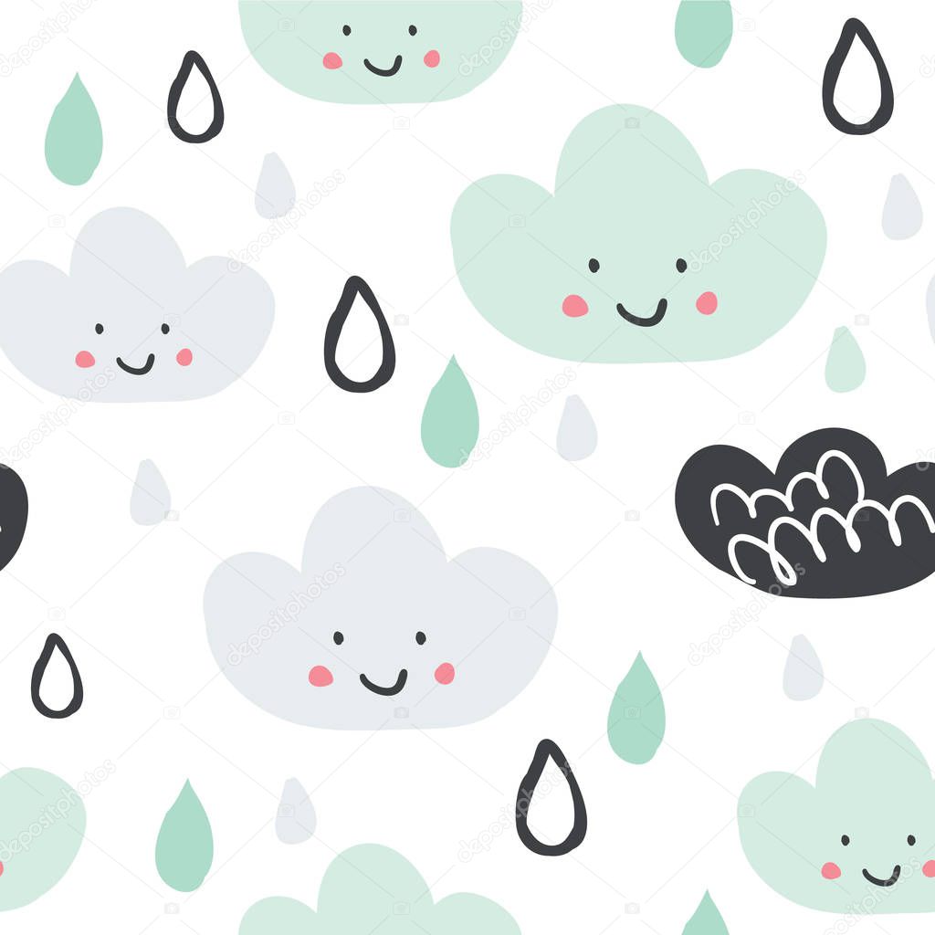 Cute seamless pattern with smiling clouds