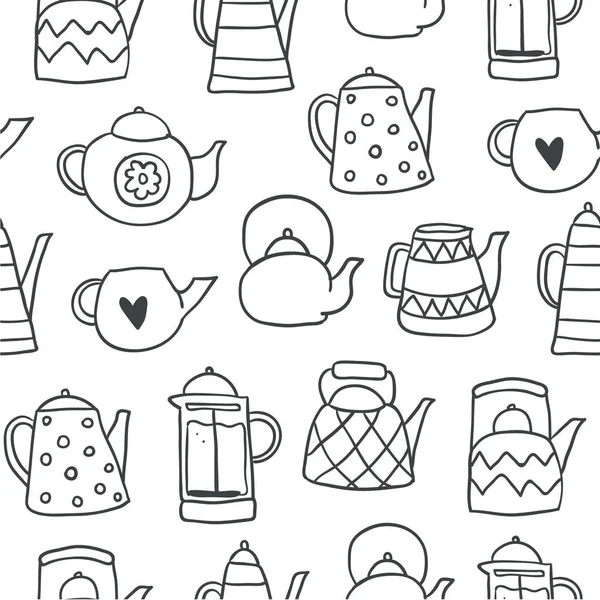 Outline cute tea pots seamless pattern. — Stock Vector